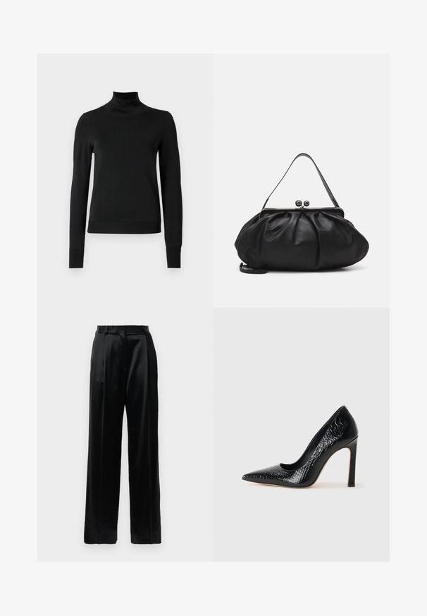 Black long-sleeve turtleneck sweater with ribbed cuffs and hem, displayed on a plain white background.; Black high-waist satin trousers with straight wide legs, belt loops, and a flat front closure against a plain white background.; Black pointed-toe high heel shoe with a crocodile-skin texture, featuring a sleek design, high stiletto heel, and smooth black interior.; Black leather handbag with a rounded, pleated design. Features a metallic clasp with two decorative balls and a slim, detachable strap.