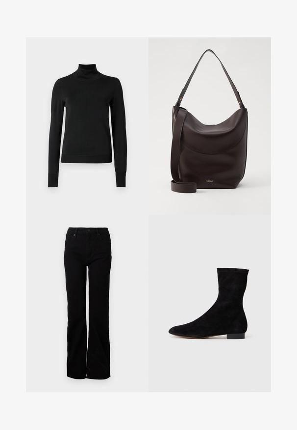 Juoda ilgomis rankovėmis turtleneko tipo megztinis su rebruotomis rankovėmis ir apačia, eksponuojamas ant paprasto balto fono.; Juodi džinsai su tiesia koja, penkių kišenių stiliumi, priekyje užsegami mygtuku ir su subtilia tekstūra. Be matomų raštų ar akcentų.; Juoda zomšo kulkšnė su prigludusia ašimi, smailiu pirštu ir žemu bloku. Lygus paviršius ir minimalistiškas dizainas, tinkantis įvairiems stiliams.; Tamsiai rudas odinis peties krepšys su išlenktu siluetu, reguliuojama juosta ir subtiliu auksiniu logotipu. Lygus paviršius su minimaliais akcentais.