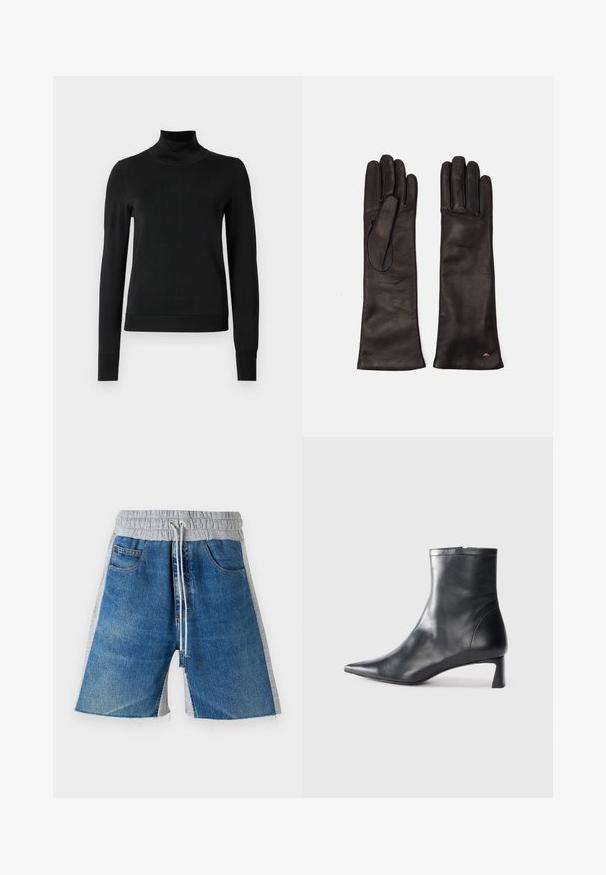 Mustmusterta mustaga pikkade varrukatega kõrge kaelusega sviiter, millel on ribakudumisega mansetid ja äär, esitatud lihtsal valgel taustal.; Denim lühikesed püksid halli elastse vöökohtaga, millel on pael. Kujunduses on küljetaskud ja värvide blokeerimise efekt.; Mustad mustall nahkasaabas terava nina ja stiilse disainiga. Omab madalat konts ja luku sulgemist taga. Sile tekstuur.; Weekend Max Mara SENAPE - Sõrmkindad - nero