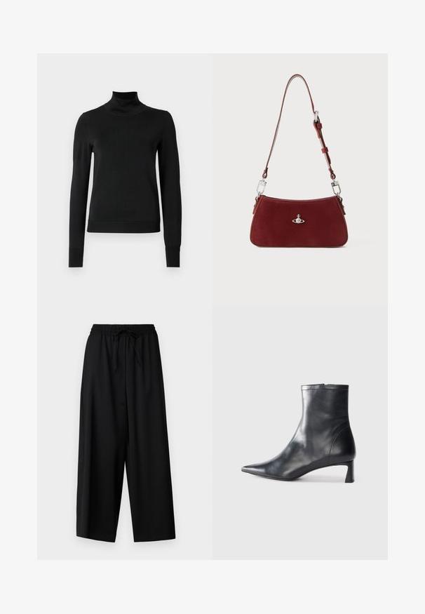 Black long-sleeve turtleneck sweater with ribbed cuffs and hem, displayed on a plain white background.; Weekend Max Mara ELMO - Trousers - nero; Black leather ankle boot with a pointed toe and a sleek design. Features a low heel and a zipper closure at the back. Smooth texture.; Red suede shoulder bag with a curved shape. Features a silver-tone accent and adjustable strap with hardware detailing. Smooth texture.