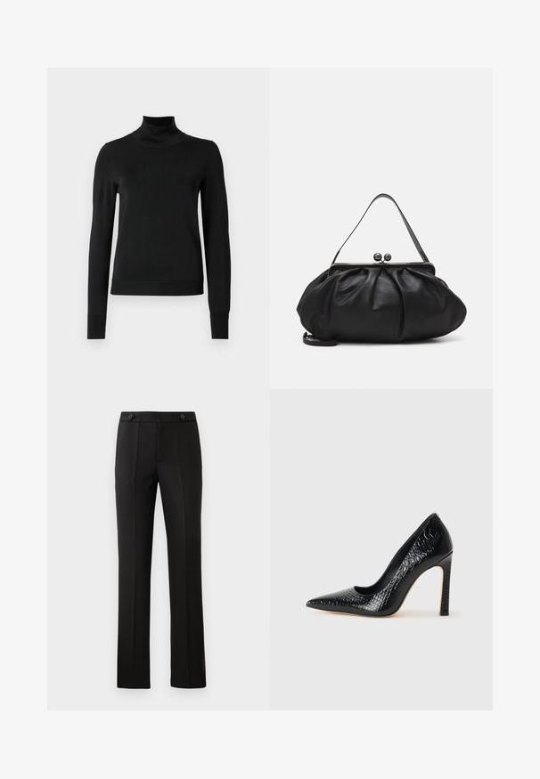 Schwarzer Langarmrollkragenpullover mit gerippten Bündchen und Saum, auf einem schlichten weißen Hintergrund präsentiert.; Schwarze maßgeschneiderte Hose mit geradem Bein, zwei vorderen Taschen, einem Knopfverschluss und unteren Falten vorne. Glatte Stofftextur.; Schwarzer, spitz zulaufender High Heel mit Krokodilleder-Struktur, elegantem Design, hohem Stiletto-Absatz und glattem schwarzen Innenraum.; Schwarze Lederhandtasche mit einer runden, gefalteten Form. Verfügt über einen metallischen Verschluss mit zwei dekorativen Kugeln und einem schmalen, abnehmbaren Tragegurt.