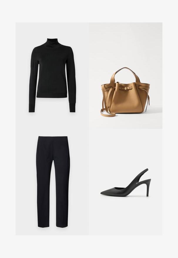 Zwarte trui met lange mouwen en col, voorzien van geribde manchetten en zoom, weergegeven op een effen witte achtergrond.; Zwarte op maat gemaakte broeken met een slanke pasvorm, voorzien van een gladde textuur en een vlakke voorkant. Geen zichtbare zakken of hardware details.; Zwarte leren slingback hoge hakken met een puntige neus, met een uitsparing aan de voorkant en een dunne stilettohak.; Tory Burch ROMY PEBBLED SATCHEL - Handtas - tiramisu