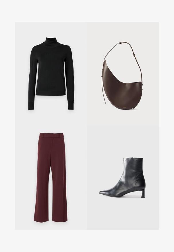 Juoda ilgomis rankovėmis turtleneko tipo megztinis su rebruotomis rankovėmis ir apačia, eksponuojamas ant paprasto balto fono.; Plačiakiai kelnių modeliai tamsiai bordo spalvos, pagaminti iš lygaus audinio. Yra plokščias priekinis kraštas su juosmens juosta ir dirželių kilpomis.; Juodas odinis kulkšninis batas su smailiu pirštu ir elegantišku dizainu. Turi žemą kulną ir užtrauktuką gale. Lygi tekstūra.; Ruda odinė rankinė, turinti kreivą formą, vieną diržą ir minimalistinį dizainą. Sukurta su subtiliu logotipu ir auksiniais detalėmis.