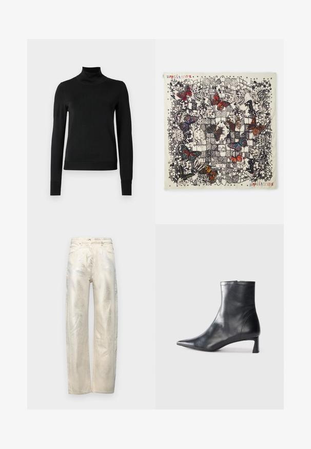 Schwarzer Langarmrollkragenpullover mit gerippten Bündchen und Saum, auf einem schlichten weißen Hintergrund präsentiert.; Helle beigefarbene weite Jeans mit metallischem Glanz, gefertigt aus Denim mit einer glatten Textur und dem klassischen Fünf-Taschen-Design.; Schwarze Lederstiefelette mit spitzer Zehe und schlankem Design. Verfügt über einen niedrigen Absatz und einen Reißverschluss hinten. Glatte Textur.; Quadratisches Seidentuch mit detaillierten Schmetterlingsillustrationen in verschiedenen Farben auf einem hellen Hintergrund, mit schwarzen Umrandungen und dekorativen Mustern.