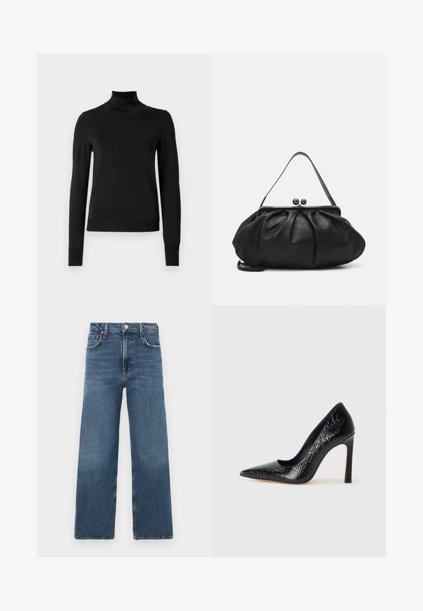 Mustmusterta mustaga pikkade varrukatega kõrge kaelusega sviiter, millel on ribakudumisega mansetid ja äär, esitatud lihtsal valgel taustal.; Keskmise sinise denimi kõrge vöökohaga laiad teksad, mis on varustatud klassikalise nööbiga kinnituse, viie tasku ja sujuva tekstuuriga viimistlusega.; Mustan teravaotsaga kõrge kontsaga king, millel on krokodillimustriga tekstuur, stiilne disain, kõrge stilettokonts ja sile must sisesisustus.; Must mustrida nahk-kott ümmarguse, kortsunud disainiga. Varustatud metallist klambriga, millel on kaks dekoratiivset palli ja õhuke, eemaldatav rihm.
