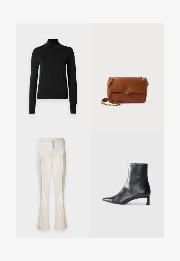 Melnas garām piedurknēm turtlenecks džemperis ar ribotām aprocēm un apakšmali, attēlots uz vienkārša balta fona.; Gaišs bēšs flared stila bikses ar ribotu tekstūru, kas aprīkotas ar aukliņu jostasvietā un neapstrādātām malām gar sānu šuvēm un apakšmalu.; Melnas ādas potītes zābaki ar norādītu pirkstu un elegantu dizainu. Iezīmē zemu papēdi un rāvējslēdzēja aizdari aizmugurē. Gluda tekstūra.; Brūns ādas crossbody soma ar vāku slēgšanu, zelta aparatūru un ķēdes siksnu. Gluda tekstūra, taisnstūra forma, minimāla detaļu klātbūtne.
