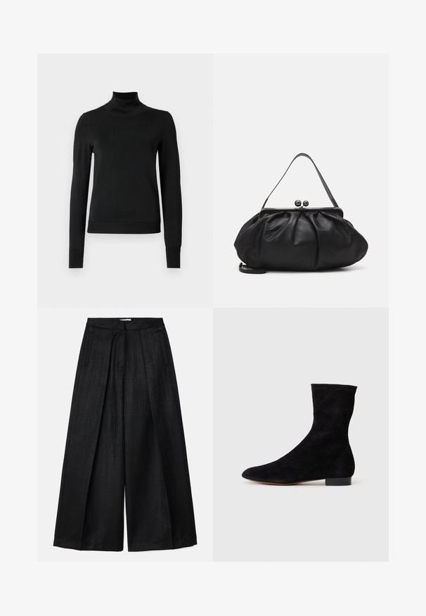 Čierny dlhý rukáv rolák s rebrovanými manžetami a lemom, zobrazený na čistej bielej pozadí.; Čierne široké nohavice s hladkou textúrou, s vysokým pásom, skladmi a bočnými vreckami. Bez viditeľných detailov zapínania.; Čierne semišové členkové topánky s priliehavým zvrškom, špicatou špičkou a nízkym blokovým opätkom. Hladká textúra a minimalistický dizajn, vhodné na všestranné kombinovanie.; Čierna kožená kabelka s zaobleným, nariadeným dizajnom. Disponuje kovovým zapínaním s dvoma dekoračnými guľôčkami a tenkým, odnímateľným popruhom.