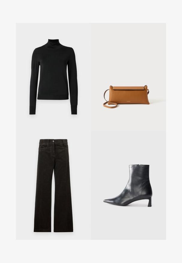 Black long-sleeve turtleneck sweater with ribbed cuffs and hem, displayed on a plain white background.; Black corduroy wide-leg pants featuring front pockets, a button closure, and vertical ribbed texture. Smooth fabric with a subtle sheen.; Black leather ankle boot with a pointed toe and a sleek design. Features a low heel and a zipper closure at the back. Smooth texture.; Brown leather clutch bag, rectangular shape, textured surface, detachable strap, zip closure, subtle logo embossed on front.