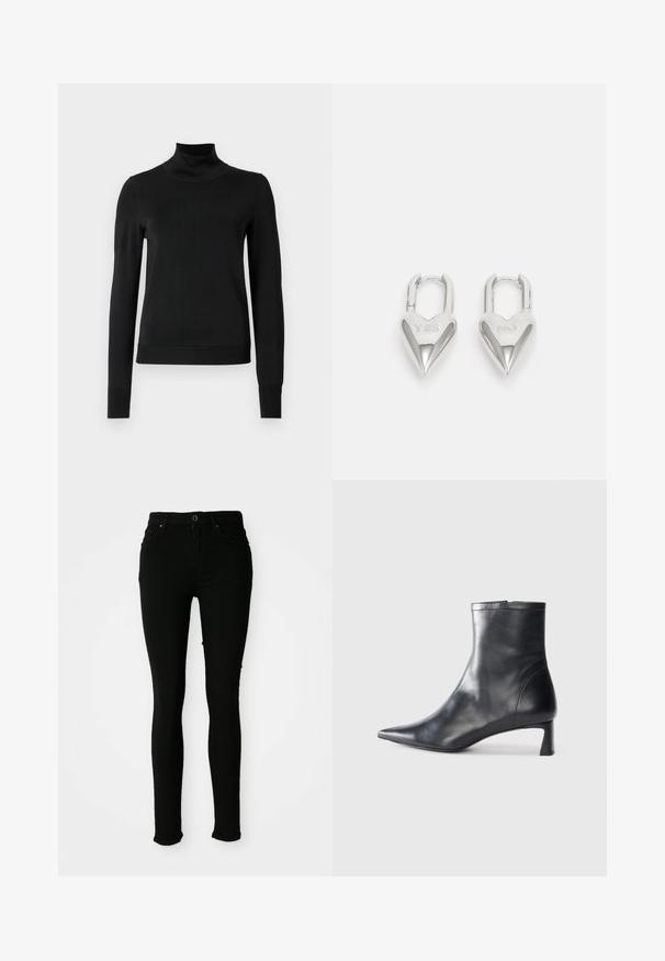 Sweater preto de manga longa com gola alta, com punhos e bainha canelados, exposto em um fundo branco liso.; Jeans skinny pretos feitos de denim com uma textura suave, apresentando um fecho de botão, passadores para cinto e sem desgastes visíveis.; Bota de tornozelo em pele preta com biqueira apontada e um design elegante. Apresenta um salto baixo e um fecho com zipper na parte de trás. Textura suave.; Cadeados em forma de coração prateados com inscrições gravadas "SIM" e "NÃO", acabamento polido, design simétrico e um fecho de metal robusto.