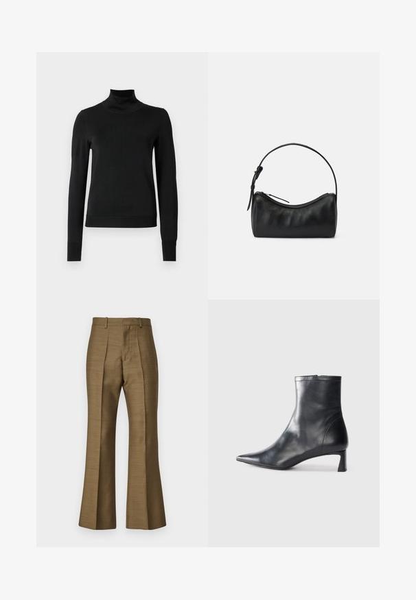 Mustmusterta mustaga pikkade varrukatega kõrge kaelusega sviiter, millel on ribakudumisega mansetid ja äär, esitatud lihtsal valgel taustal.; Pruunid laiad püksid, mis on valmistatud siledast kangast, ees on voldid, kohandatud talje ja kerge läige. Nähtavate metallosade ega mustriteta.; Mustad mustall nahkasaabas terava nina ja stiilse disainiga. Omab madalat konts ja luku sulgemist taga. Sile tekstuur.; Musta nahast õlakott kaarjate joontega, tõmblukuga ja peene rihmaga. Omab siledat tekstuuri ja peeneid õmbluse detaile.