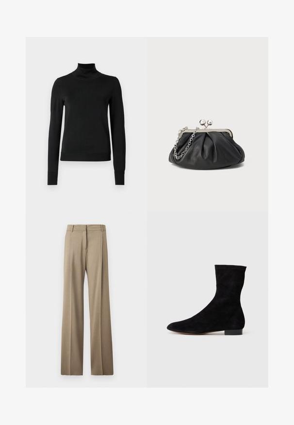 Melnas garām piedurknēm turtlenecks džemperis ar ribotām aprocēm un apakšmali, attēlots uz vienkārša balta fona.; Platas kājas bikses gaiši brūnā audumā. Iezīmējas ar gludu tekstūru, kārtīgi izspiestām krokām un plakanu jostasvietu.; Melnas zamšādas potīšu zābaki ar piegulošu kāju daļu, smailu purngalu un zemu bloku papēdi. Gluda tekstūra un minimālistisks dizains, piemērots dažādai stilizācijai.; Melnas ādas roku soma ar sakrautām tekstūrām, sudraba toņu metāla rāmis, skavas aizdare un ķēdes siksna. Gluda, maiga virsma.