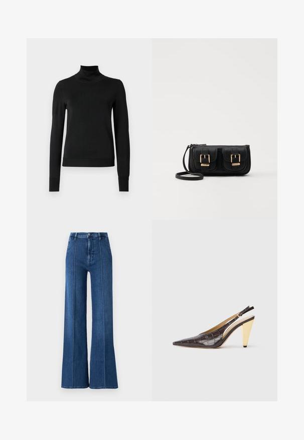 Svart langermet genser med høy hals, med ribbede mansjetter og kant, vist på en enkel hvit bakgrunn.; Bredde ben blå jeans laget av denim, med høy midje og kontrasterende hvite sømmer langs sømmene. Ingen ytterligere dekorasjoner.; Spenne-punktet hæl i mørkebrun, blank faux krokodillelær. Har en gullfarge geometrisk hæl og justerbar ankelstropp.; Svart skinn crossbody veske med to frontlommer, gyldne spenner, glidelåslukking og en slank stropp. Teksturert overflate og kompakt rektangulær form.