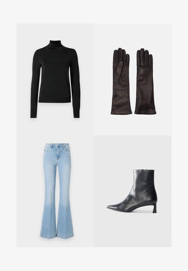 Black long-sleeve turtleneck sweater with ribbed cuffs and hem, displayed on a plain white background.; Light blue flared jeans made of denim, featuring a high waist, front pockets, and subtle fading with a clean hemline.; Black leather ankle boot with a pointed toe and a sleek design. Features a low heel and a zipper closure at the back. Smooth texture.; Weekend Max Mara SENAPE - Gloves - nero