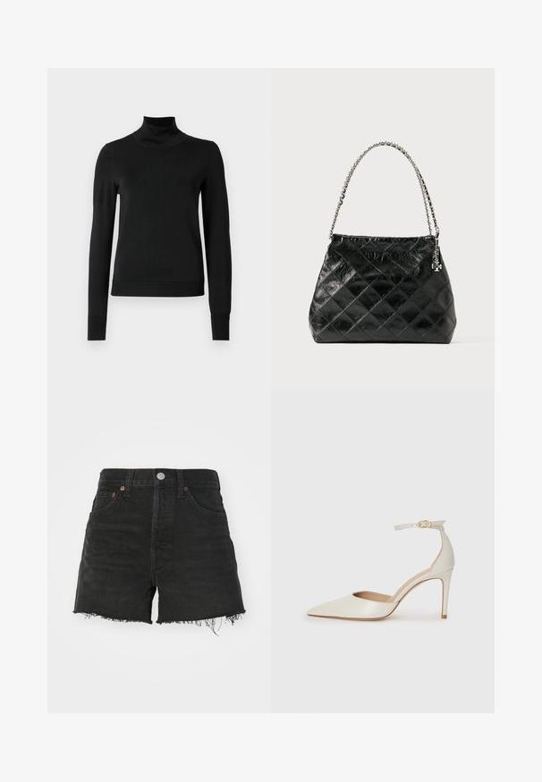 Black long-sleeve turtleneck sweater with ribbed cuffs and hem, displayed on a plain white background.; Black denim shorts with a high waist, frayed hem, and copper-tone rivets. Features a classic five-pocket design and button closure.; White leather high-heeled shoe with a pointed toe, ankle strap, and a slim stiletto heel. Smooth texture with subtle glossy finish.; Black quilted leather handbag with a silver chain handle, featuring a structured design and smooth texture.