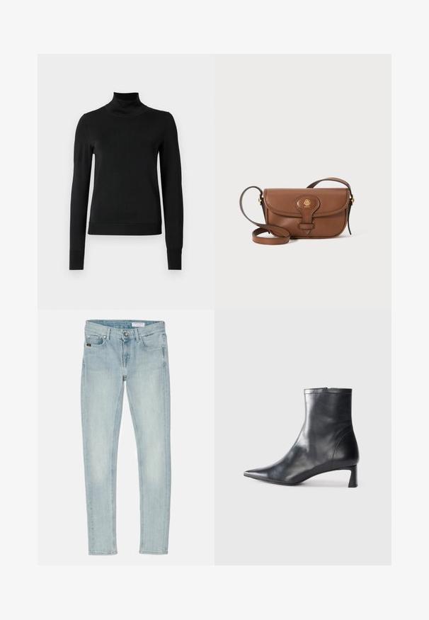 Sweater preto de manga longa com gola alta, com punhos e bainha canelados, exposto em um fundo branco liso.; Jeans skinny azul claro feitos de denim, com fecho de botão, cinco bolsos e desbotamento subtil nas coxas e joelhos.; Bota de tornozelo em pele preta com biqueira apontada e um design elegante. Apresenta um salto baixo e um fecho com zipper na parte de trás. Textura suave.; Bolsa de ombro em couro castanho com uma aba curva, hardware dourado e um logo decorativo. A alça é ajustável e apresenta uma textura suave.