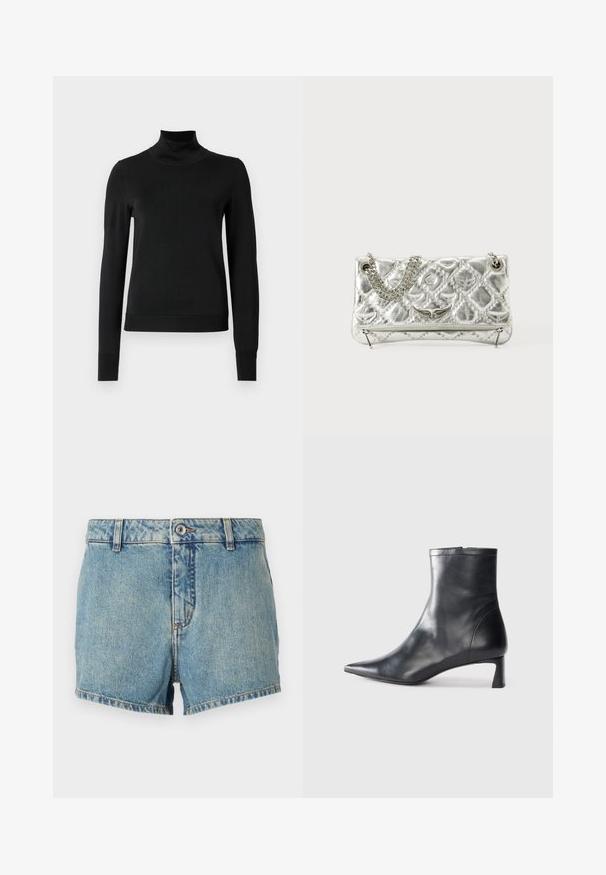 Zwarte trui met lange mouwen en col, voorzien van geribde manchetten en zoom, weergegeven op een effen witte achtergrond.; Lichtblauwe denimshorts met een vervaagde textuur, rechte snit en afgewerkte randen. Voorzien van een knoopsluiting aan de voorkant en een klassieke 5-pocket stijl.; Zwarte leren enkellaars met een spitse neus en een slank ontwerp. Heeft een lage hak en een ritssluiting aan de achterkant. Gladde textuur.; Zilverkleurige metalen handtas met kettinghandgreep, gequiltte textuur, decoratieve stiksels en een ritssluiting. Kenmerkt gegraveerde accenten aan de voorkant.