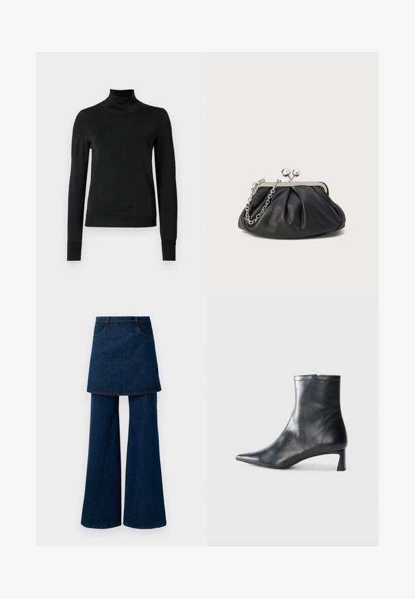 Juoda ilgomis rankovėmis turtleneko tipo megztinis su rebruotomis rankovėmis ir apačia, eksponuojamas ant paprasto balto fono.; Tamsiai mėlynos džinsinės kelnės su sluoksniuota sijono papildoma dalimi, plačiomis kojomis ir kišenėmis, baigtos tvarkingu kraštu ir klasikiniais siūlais.; Juodas odinis kulkšninis batas su smailiu pirštu ir elegantišku dizainu. Turi žemą kulną ir užtrauktuką gale. Lygi tekstūra.; Juodas odinis delninukas su susiraukusiu tekstūru, sidabrinės spalvos metalo rėmas, uždaromas užsukamu užtrauktuku bei grandinėlės dirželis. Lygus, minkštas paviršius.
