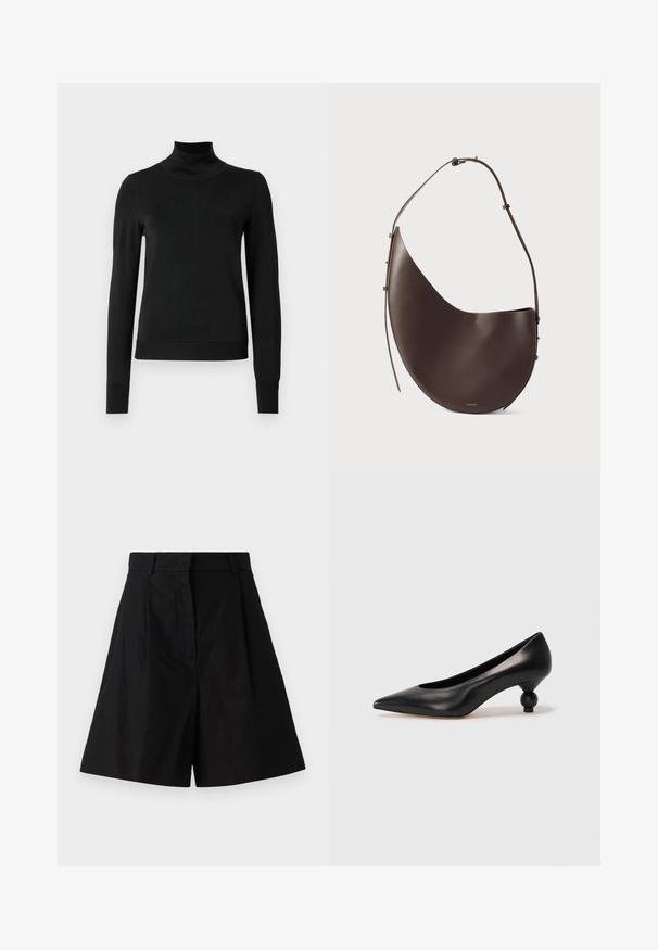 Melnas garām piedurknēm turtlenecks džemperis ar ribotām aprocēm un apakšmali, attēlots uz vienkārša balta fona.; Melni augstākā josta īsie šorti ar plisēta dizainu, ar sānu kabatām un gludu auduma tekstūru. Tīras līnijas un pielāgota piegriezuma.; Melnas ādas augstpapēžu kurpes ar smailu purngalu un apaļu papēdi. Gluda tekstūra ar elegantu, minimālistisku dizainu.; Brūnas ādas rokas soma ar izliekumu, vienu siksnu un minimālistisku dizainu. Iezīmēta ar nemanāmu logo un zelta apdari.