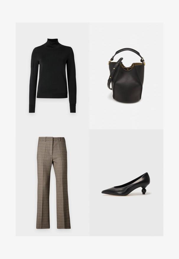 Black long-sleeve turtleneck sweater with ribbed cuffs and hem, displayed on a plain white background.; Brown plaid trousers with a straight leg cut, featuring a textured fabric and subtle colors of beige and darker browns throughout the pattern.; Black leather high heel shoe with a pointed toe and a round, balled heel. Smooth texture with a sleek, minimal design.; Black leather bucket bag with a textured finish, gold hardware accents, and an open top. Features a short handle and adjustable shoulder strap.