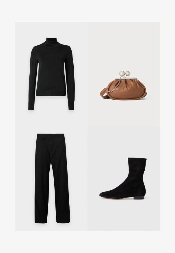 Schwarzer Langarmrollkragenpullover mit gerippten Bündchen und Saum, auf einem schlichten weißen Hintergrund präsentiert.; Schwarz gestreifteweit geschnittene Hose mit einem einzigartigen gefalteten Design an der Taille und glatter Textur. Verfügt über maßgeschneiderte Handwerkskunst und moderne Details.; Schwarze Wildleder-Ankelboots mit einem enganliegenden Schaft, spitzer Zehenform und niedrigem Blockabsatz. Glatte Textur und minimalistisches Design, geeignet für vielseitige Styles.; Braune Leder-Clutch mit silbernem Kugelverschluss und einem kleinen silbernen Kettendetail auf weißem Hintergrund.