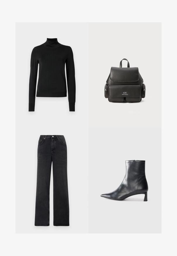 Musta pitkähihaisen pooloneuleen, jossa on ribbikuvioiset hihansuut ja helma, esitetty yksinkertaisella valkoisella taustalla.; Mustat leveälahkeiset farkut, jotka on valmistettu denimestä. Ominaisuuksiin kuuluu korkea vyötärö, kaksi etutaskua ja nappikiinnitys kuparikoristeluilla.; Musta nahkainen nilkkabotti, jossa on teräväkärkinen muotoilu ja tyylikäs design. Varusteena matala korko ja takana vetoketjukiinnitys. Sileä pinta.; Musta nahkareppu, jossa on läppä suljenta, etutasku, sivu vetoketjutaskut ja yläkahva. Edessä logo-detailit.