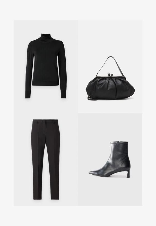 Musta pitkähihaisen pooloneuleen, jossa on ribbikuvioiset hihansuut ja helma, esitetty yksinkertaisella valkoisella taustalla.; Mustat räätälöidyt housut suoran lahkeen muotoilulla, jotka sisältävät litteän etuosan, vyölenkit ja eivät sisällä näkyviä kuvioita tai koristeita.; Musta nahkainen nilkkabotti, jossa on teräväkärkinen muotoilu ja tyylikäs design. Varusteena matala korko ja takana vetoketjukiinnitys. Sileä pinta.; Musta nahkalaukku, jossa on pyöreä, poimutettu muotoilu. Varustettu metallisella lukolla, jossa on kaksi koristepalloa ja ohut, irrotettava olkahihna.