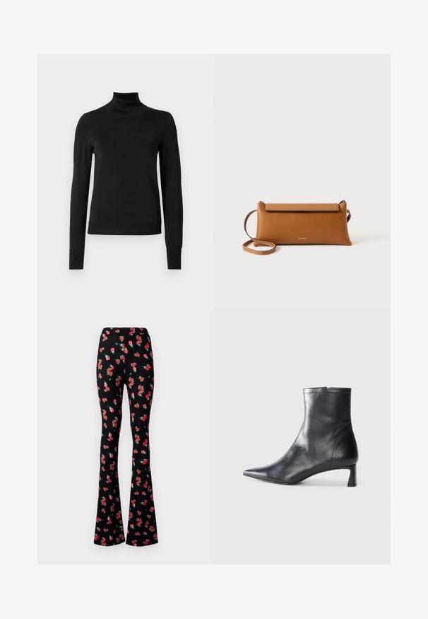 Pull à col roulé noir à manches longues avec des poignets et un ourlet côtelés, présenté sur un fond blanc uni.; Pantalons évasés noirs avec un motif floral de roses rouges et de feuilles vertes, fabriqués à partir d'un tissu extensible, avec une taille haute.; Bottine en cuir noir avec un bout pointu et un design épuré. Présente un petit talon et une fermeture éclair à l'arrière. Texture lisse.; Sac à main en cuir brun, de forme rectangulaire, surface texturée, bandoulière amovible, fermeture éclair, logo subtil estampé à l'avant.