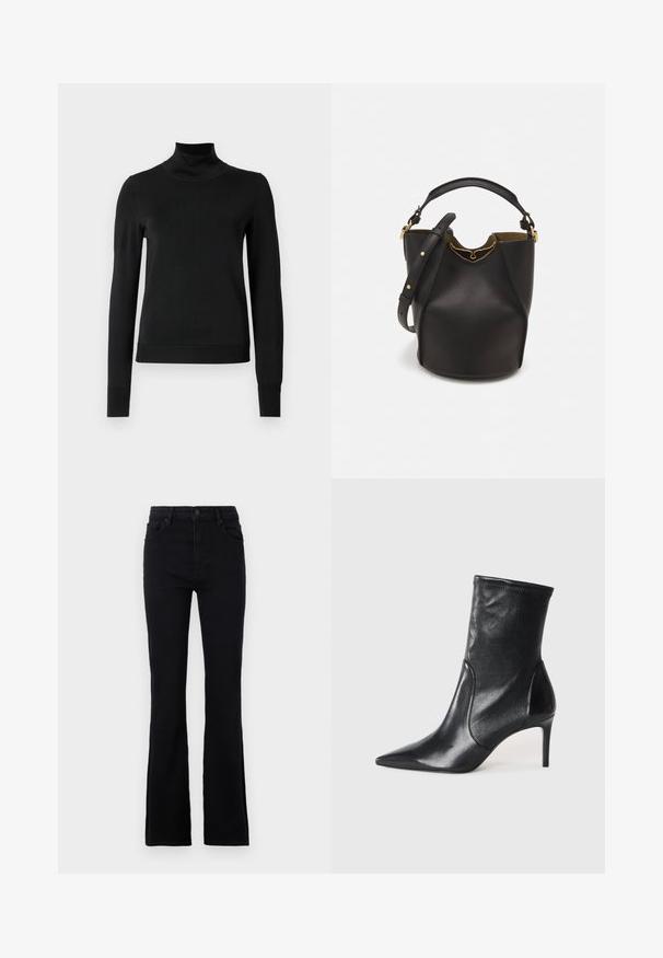 Pulover negru cu mânecă lungă și guler tip colier, cu manșete și tiv cu elastic, expus pe un fundal alb simplu.; Blugi negri evazați, confecționați dintr-un amestec de bumbac. Au un sistem de închidere cu nasture, bucle pentru curea și două buzunare frontale pentru utilizare practică.; Bocanci negri până la gleznă, din piele netedă, cu vârf ascuțit, arbore ajustat și toc subțire înalt. Design minimalist, fără hardware vizibil.; Geantă din piele neagră în stil bucket, cu un finisaj texturat, accente din metal auriu și un compartiment deschis. Dispune de o mânere scurtă și un curea de umăr ajustabilă.