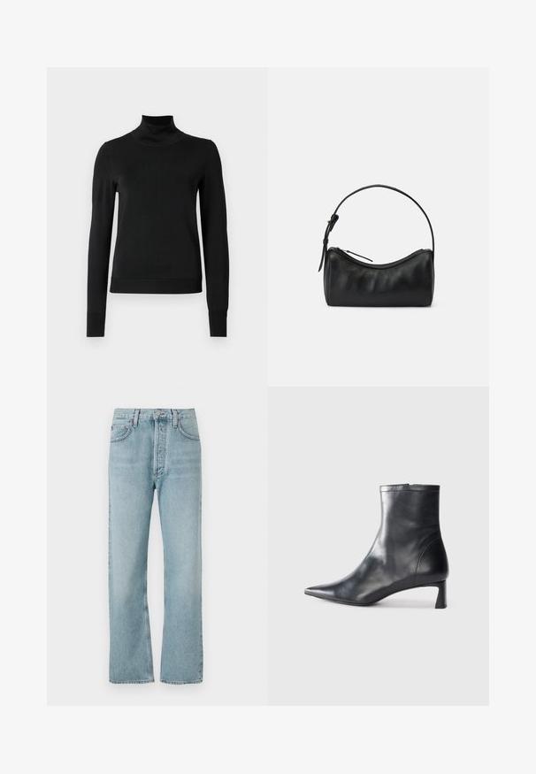 Juoda ilgomis rankovėmis turtleneko tipo megztinis su rebruotomis rankovėmis ir apačia, eksponuojamas ant paprasto balto fono.; Šviesiai mėlynos džinsinės kelnės su aukštu liemeniu, tiesaus kirpimo dizainu ir subtiliu nusidėvėjimu. Yra klasikinis metalinis mygtukas ir penkių kišenių stilius.; Juodas odinis kulkšninis batas su smailiu pirštu ir elegantišku dizainu. Turi žemą kulną ir užtrauktuką gale. Lygi tekstūra.; Juodas odinis petinis krepšys su kreivėmis, užtrauktuko uždarymu ir plonu dirželiu. Pasižymi lygiu paviršiumi ir subtiliais siuvinėjimo akcentais.