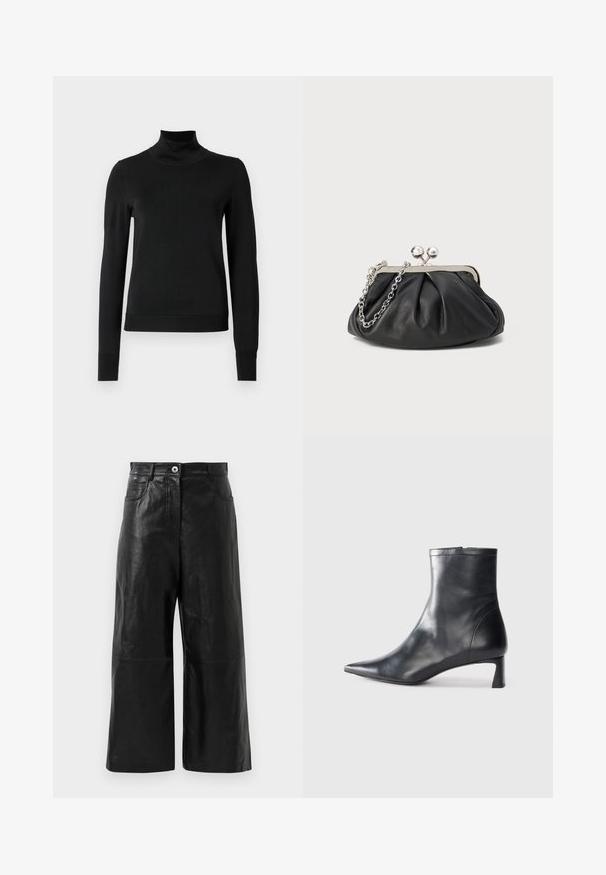 Zwarte trui met lange mouwen en col, voorzien van geribde manchetten en zoom, weergegeven op een effen witte achtergrond.; Zwarte leren wijde broek met een gladde textuur, voorzien van een rits en voorzakken. Minimalistisch design met een verkorte lengte.; Zwarte leren enkellaars met een spitse neus en een slank ontwerp. Heeft een lage hak en een ritssluiting aan de achterkant. Gladde textuur.; Zwarte leren clutch met geplooide textuur, zilverkleurig metalen frame, drukknopsluiting en kettingriem. Glad, zacht oppervlak.