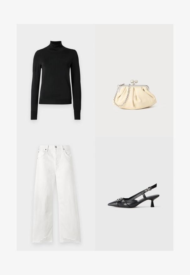Fekete, hosszú ujjú garbós pulóver bordás mandzsettákkal és aljjal, sima fehér háttér előtt bemutatva.; Fehér, bő szárú farmernadrág, magas derékkal, elülső zsebekkel és rojtos szegélyrészlettel.; Fekete bőr slingback cipő hegyes orral, dekoratív pántokkal, fém szemekkel és alacsony blokk sarkú. Texturált felület.; Pleátolt bézs bőr válltáska ezüst fém kerettel, két kerek díszcsattal és ezüst lánc pánttal.