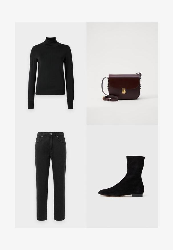 Juoda ilgomis rankovėmis turtleneko tipo megztinis su rebruotomis rankovėmis ir apačia, eksponuojamas ant paprasto balto fono.; Juodi džinsai su tiesia kojų forma, standartiniu penkių kišenių dizainu ir mygtuko uždarymu. Yra subtilių siuvimo detalių.; Juoda zomšo kulkšnė su prigludusia ašimi, smailiu pirštu ir žemu bloku. Lygus paviršius ir minimalistiškas dizainas, tinkantis įvairiems stiliams.; Ruda odinė rankinė su sklende, auksinėmis detalėmis ir reguliuojama juosta. Pasižymi glotnia tekstūra ir elegantiška stačiakampio forma.