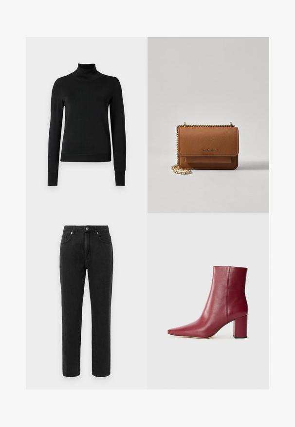 Musta pitkähihaisen pooloneuleen, jossa on ribbikuvioiset hihansuut ja helma, esitetty yksinkertaisella valkoisella taustalla.; Musta farkut suoran lahkeen suunnittelulla, klassinen viisi-taskuinen tyyli ja nappisuljenta. Sisältää hillittyjä ompeluyksityiskohtia.; Burgundy nahkasaapas nilkkapituisella, teräväkärkisellä, lohkare- ja sileällä pinnalla, jonka muotoilu on saumaton ilman näkyvää metalliosaa.; Ruskean teksturoidun nahkasta valmistettu crossbody-laukku, jossa on kultaketjuhihna ja läppäkiinnitys. Edessä on logodetail ja tasku läppäisen alla.