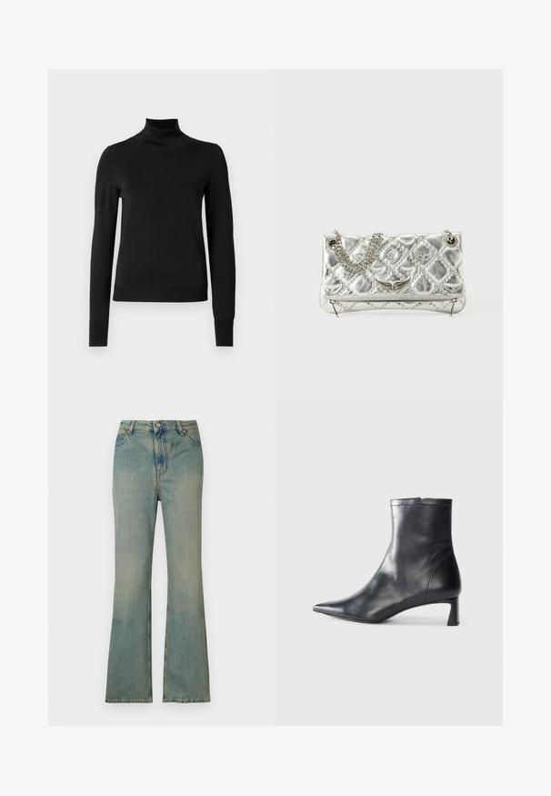 Melnas garām piedurknēm turtlenecks džemperis ar ribotām aprocēm un apakšmali, attēlots uz vienkārša balta fona.; Gai zila denima platās bikses ar augstu jostasvietu, piecām kabatām un rāvējslēdzi. Tīra, izbalējusi apdare ar smalkiem šuvumiem.; Melnas ādas potītes zābaki ar norādītu pirkstu un elegantu dizainu. Iezīmē zemu papēdi un rāvējslēdzēja aizdari aizmugurē. Gluda tekstūra.; Sudraba metāla rokas soma ar ķēdes rokturi, piedāvā baudāmu struktūru, dekoratīvo šuvju un rāvējslēdzēju aizdari. Priekšpusē ir reljefa akcenti.