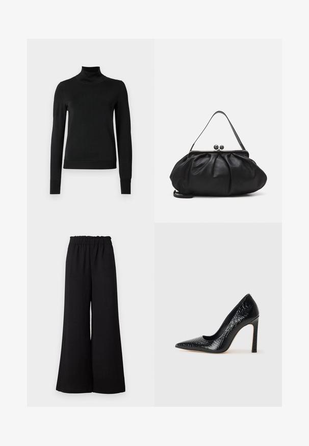 Černý dlouhý rukáv rolák se žebrovanými manžetami a lemem, vystavený na čistě bílém pozadí.; Černé široké kalhoty s elastickým pasem, vyrobené z texturovaného materiálu, s volným střihem a rovnými lemy.; Černý lodičkový bot s špičatou špičkou, pokrytý texturou krokodýlí kůže, s elegantním designem, vysokým stiletto podpatkem a hladkým černým interiérem.; Černá kožená kabelka s zaobleným, skládáním designem. Obsahuje kovový zavírač se dvěma dekorativními koulemi a tenkým, odnímatelným popruhem.