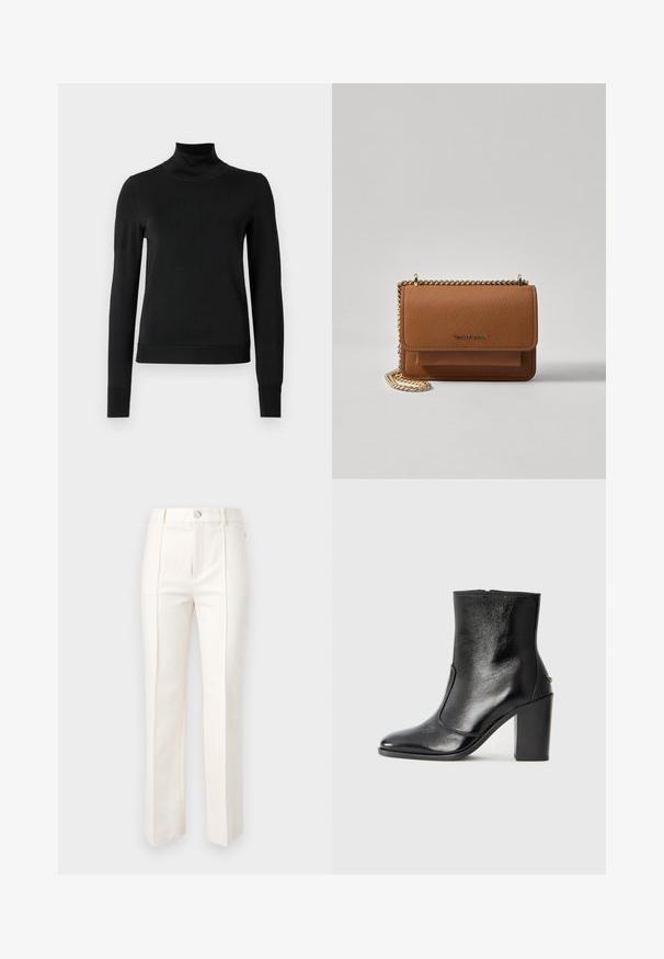 Čierny dlhý rukáv rolák s rebrovanými manžetami a lemom, zobrazený na čistej bielej pozadí.; Biele nohavice s rovnými nohavicami z bavlneného zmesi, ktoré majú hladkú textúru, dva predné záhyby a pás s jedným gombíkom na zapínanie.; Čierna kožená kotníková obuv s hladkým povrchom, špicatou špičkou a masívnym vysokým podpätkom. Zdobená bočným otvorom a minimalistickým dizajnom.; Hnedá textúrovaná kožená taška cez telo s zlatým reťazovým popruhom a preklopným uzáverom. Predná strana obsahuje detail s logom a vrecko pod preklopkou.