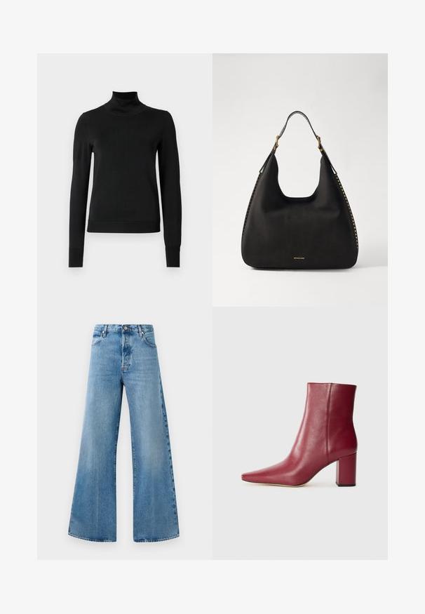 Black long-sleeve turtleneck sweater with ribbed cuffs and hem, displayed on a plain white background.; Wide-leg light blue denim jeans with a high waist, featuring front pockets, a button closure, and subtle fading details.; Burgundy leather ankle boot with a pointed toe, block heel, and smooth texture, featuring a seamless design without visible hardware.; MICHAEL Michael Kors NOLITA HOBO - Handbag - black