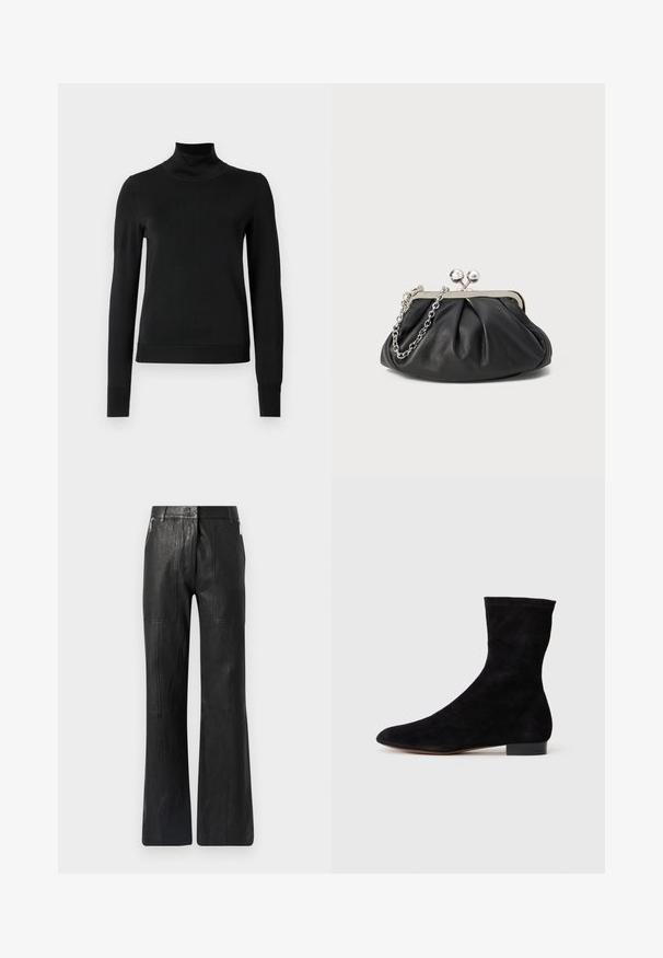 Zwarte trui met lange mouwen en col, voorzien van geribde manchetten en zoom, weergegeven op een effen witte achtergrond.; Zwarte leren wijde broek met een soepele textuur, verticale naden en zijzakken met rits voor extra detail.; Zwarte suède enkelboot met een aansluitende schacht, puntige neus en een lage blokhak. Gladde textuur en minimalistisch ontwerp, geschikt voor veelzijdige styling.; Zwarte leren clutch met geplooide textuur, zilverkleurig metalen frame, drukknopsluiting en kettingriem. Glad, zacht oppervlak.