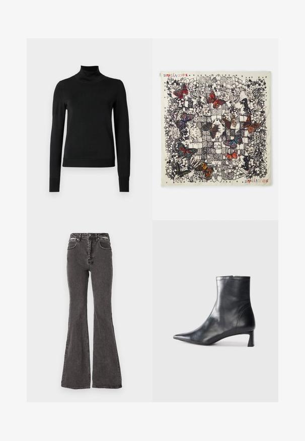Black long-sleeve turtleneck sweater with ribbed cuffs and hem, displayed on a plain white background.; Black flared jeans made of denim with a faded texture, featuring front pockets, belt loops, and metal accent hardware at the waist.; Black leather ankle boot with a pointed toe and a sleek design. Features a low heel and a zipper closure at the back. Smooth texture.; Square silk scarf featuring detailed butterfly illustrations in various colors on a light background, with black outlines and decorative patterns.