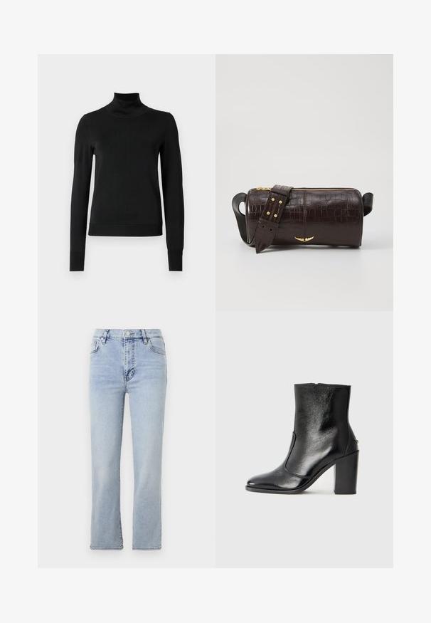 Black long-sleeve turtleneck sweater with ribbed cuffs and hem, displayed on a plain white background.; Light blue denim jeans with a straight leg design, five pockets, a button and zipper closure, and visible stitching details.; Black leather ankle boot with a smooth texture, pointed toe, and a chunky high heel. Features a side opening and minimalistic design.; Brown crocodile-embossed leather bag with a cylindrical shape, gold-tone hardware, and a detachable strap featuring studs.