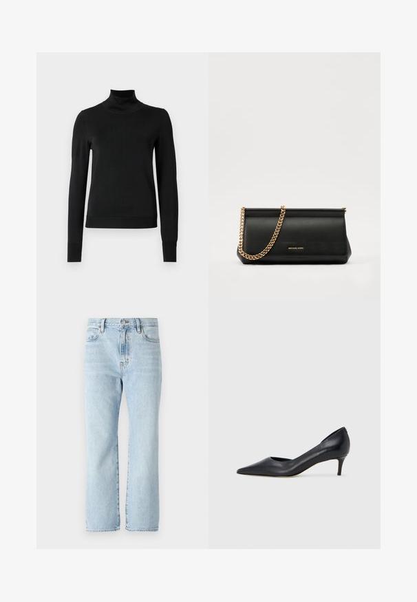 Fekete, hosszú ujjú garbós pulóver bordás mandzsettákkal és aljjal, sima fehér háttér előtt bemutatva.; Világoskék farmernadrág, egyenes szárú fazonnal, közepes magasságú derékkal, első zsebekkel és rojtos szegéllyel. Klasszikus ötzsebes stílus.; Fekete bőr magassarkú cipő hegyes orral és alacsony sarokkal. Sima felülettel és enyhe fényű kialakítással rendelkezik. Az elején nyitott részlet a fokozott díszítésért.; Fekete bőr kisméretű táska arany lánccal, sima felülettel, téglalap alakú, és dombornyomott márkázással az elején.