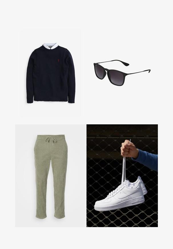 Námořnický svetr s texturovaným pleteným vzorem, pod kterým je bílá košile s límečkem, a malým červeným logem na prsou.; Khaki korduroy kalhoty s elastickým pasem, nastavitelným šňůrkovým stahováním a rovnými nohavicemi. Charakterizuje je výrazná žebrovaná textura po celé ploše.; Bílé kožené tenisky s perforacemi, kulatou špičkou, plochou podrážkou a silnými tkaničkami, které mají viditelné logo swoosh a nápis "AIR" na patě.; Černé sluneční brýle s elegantním plastovým rámem, gradientními tmavými skly, geometrickým tvarem a podpisovým brandingem na straně.