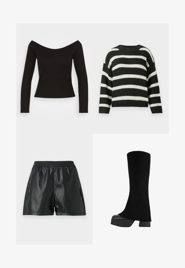Gestreifter Strickpullover in Schwarz und Weiß mit rundem Ausschnitt und langen Ärmeln. Der Stoff hat ein strukturiertes, gewebtes Aussehen.; Schwarzes, geripptes Langarmoberteil mit One-Shoulder-Design und figurbetonter Silhouette. Glatte Textur mit einem leicht dehnbaren Stoff für Komfort.; Schwarze Shorts aus Kunstleder mit elastischem Bund, die eine glatte Textur und einen lockeren Schnitt bieten. Keine sichtbaren Muster oder Akzente.; Schwarze knielange Stiefel mit einem gerippten Stoffobermaterial, klobiger Plateausohle und Blockabsatz, ausgestattet mit einer glatten Textur und elegantem, modernem Design.
