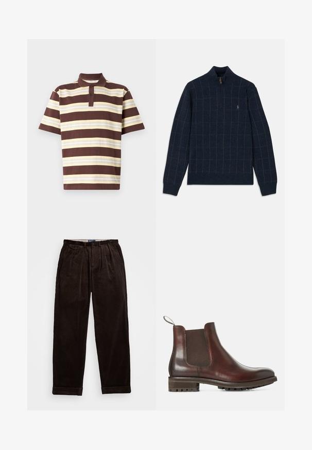 Pulover marin cu guler cu fermoar, având un model în grilaj în nuanțe de verde deschis și maron. Textură moale cu manșete și tiv ribbalte, detaliu cu logo pe piept.; Polo cu dungi maronii și galbene, mâneci scurte, închidere cu trei butoane, material din bumbac, țesătură texturată cu lățimi diferite ale dungilor.; Pantaloni din catifea întunecată, de culoare maro, cu o croială relaxată, având pliuri în față și tivuri răsucite. Textură netedă și design robust.; Botine Chelsea din piele maro, cu panouri laterale elastice, tab de tragere și talpă din cauciuc texturat. Finisaj neted, cu toc joasă robust.