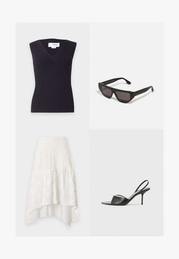 Top sans manches noir à côtes avec un décolleté en V profond, design ajusté et tissu texturé. L'étiquette indique "Victoria Beckham."; Jupe blanche à volants avec broderie florale. Dotée d'une taille ajustée et d'un tissu fluide en couches, créant un ourlet asymétrique.; Escarpins en cuir noir à talon décolleté, avec un bout pointu, une fine bride de cheville et un talon aiguille. Présente un détail noué sur le devant.; Victoria Beckham Lunettes de soleil - black