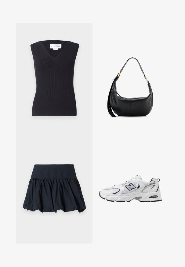 Zwarte geribbelde mouwloze top met een diepe V-hals, aansluitend ontwerp en textiel stof. Label leest "Victoria Beckham."; Zwarte flared rok van lichtgewicht stof, met een brede band rondom de taille en geplooide details voor een gelaagd effect.; Witte sport schoen met mesh bovenkant, marineblauwe accenten en een gehoorzaamde zool. Bevat het "N" logo, veters en een gestructureerde detail aan de zijkant.; AllSaints LUNA - Schoudertas - black
