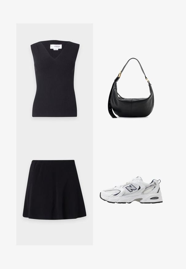 Schwarzes, geripptes, ärmelloses Top mit tiefem V-Ausschnitt, figurbetonter Passform und strukturiertem Stoff. Das Etikett lautet "Victoria Beckham."; Schwarzer Rock, knielang, aus leichtem Stoff mit subtiler Textur, hat ein ausgestelltes Design und einen elastischen Bund.; Weißer Sportschuh mit Mesh-Obermaterial, navyblauen Akzenten und gepolsterter Sohle. Verfügt über das "N"-Logo, Schnürsenkel und eine strukturierte Detailverarbeitung an der Seite.; AllSaints LUNA  - Umhängetasche - black