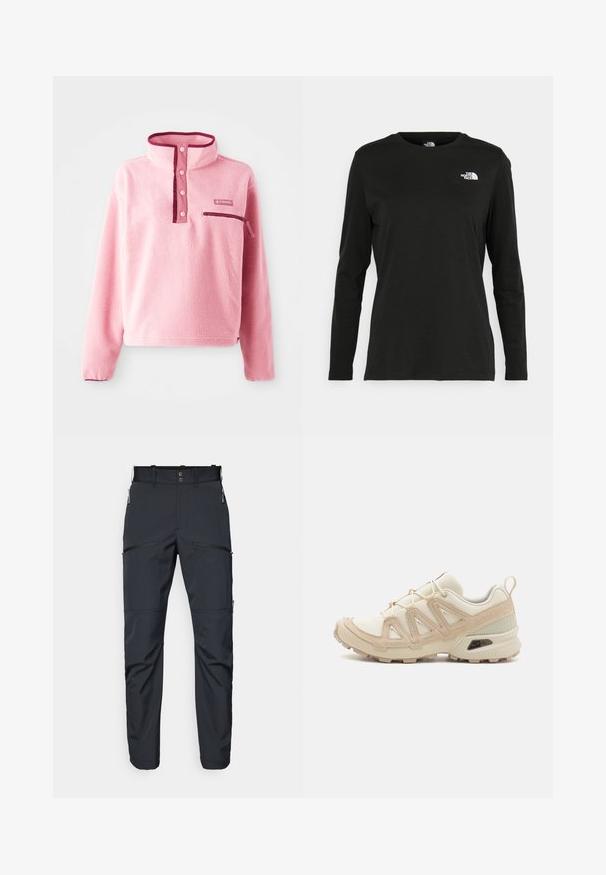 Fleece genser i lys rosa med høy krage, knappeplacket, brystlomme og kontrasterende maroon-detaljer. Myk tekstur overalt.; Svart langermet T-skjorte laget av bomull med rund hals. Har en liten hvit logo på venstre brystområde. Enkelt design og passform.; Mørkegrå bukser laget av et lett og glatt stoff. Funksjoner inkluderer glidelåslommer og flat frontdesign med beltesløyfer.; Beige og krem joggesko med teksturert mesh-overdel, støttende overlegg og gummisåle med et mønster for godt grep.