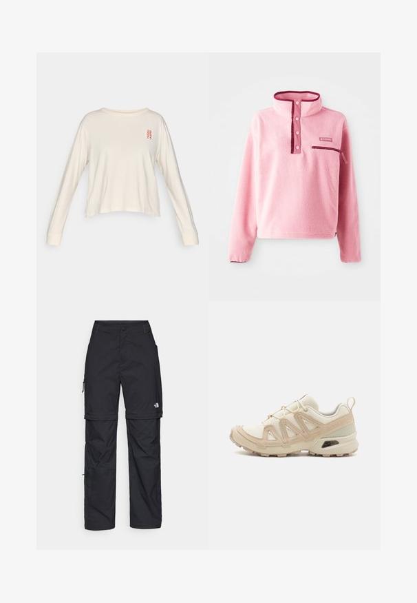 Fleece pullover in lichtroze met een hoge kraag, knopenplacket, borstzak en contrasterende bordeaux accenten. Zachte textuur overal.; Lange mouwen crèmekleurig shirt van zachte stof, met een ronde hals en een klein rood zigzagmotief op de linkerkant van de borst.; Zwarte nylon cargo broek met afneembare pijpen, verstelbare manchetten, meerdere zakken en een logo op het rechterbeen. Gladde, lichte textuur.; Beige en crème sportschoen met een textuur-mesh bovenwerk, ondersteunende overlays en een rubberen zool met een profielpatroon voor grip.