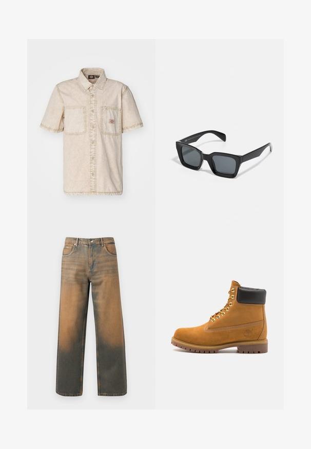 Biała bluza z kapturem, z dużym nadrukiem w formie identyfikatora w kolorach niebieskim, żółtym i czarnym, z kieszenią z przodu i ściągaczem na kapturze.; Beżowa koszula krótko rękawowa z zapięciem na guziki z przodu, dwiema kieszeniami na piersi, widocznymi detalami szwów i klasycznym kołnierzykiem.; Jeansy o szerokich nogawkach w przetartym niebieskim i brązowym denimp. Posiadają wysoki stan, przednie kieszenie oraz klasyczne zapięcie na guzik z metalowymi akcentami.; Beżowe zamszowe botki sięgające kostki z czarną wyściełaną krawędzią, złotymi oczkami, białymi detalami szycia oraz wytrzymałą gumową podeszwą z wyraźnym bieżnikiem.; Czarne prostokątne okulary przeciwsłoneczne z ciemnymi soczewkami. Plastikowa oprawka o błyszczącym wykończeniu, z szerokim mostkiem i lekko zwężającymi się ramionami.